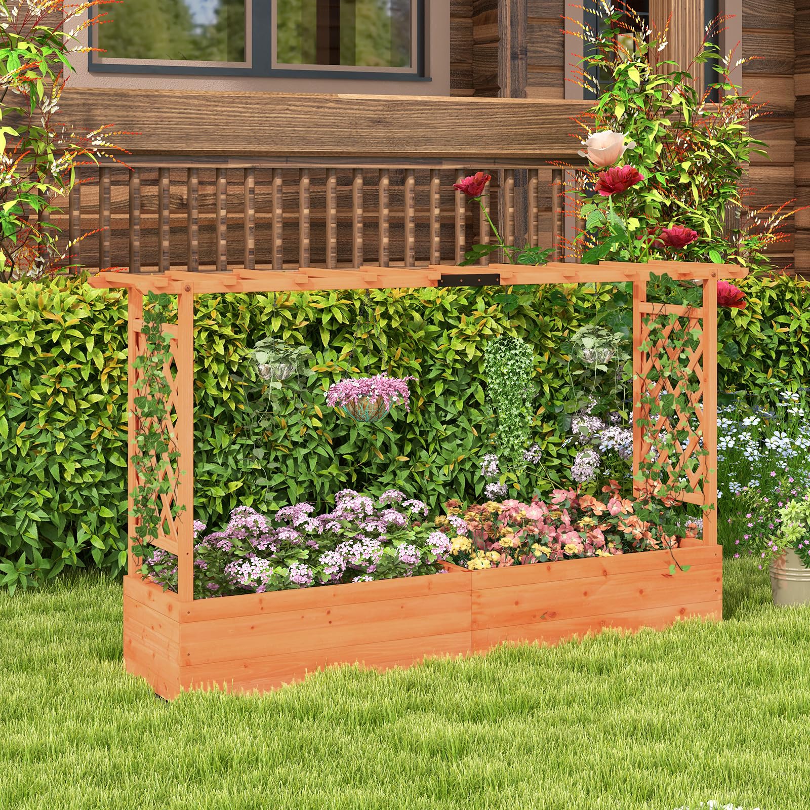 Raised Garden Bed with Trellis & Hanging Roof, Freestanding Planter Box for Flower Climbing Plant Herb, 79"L x 17.5"W x 45"H