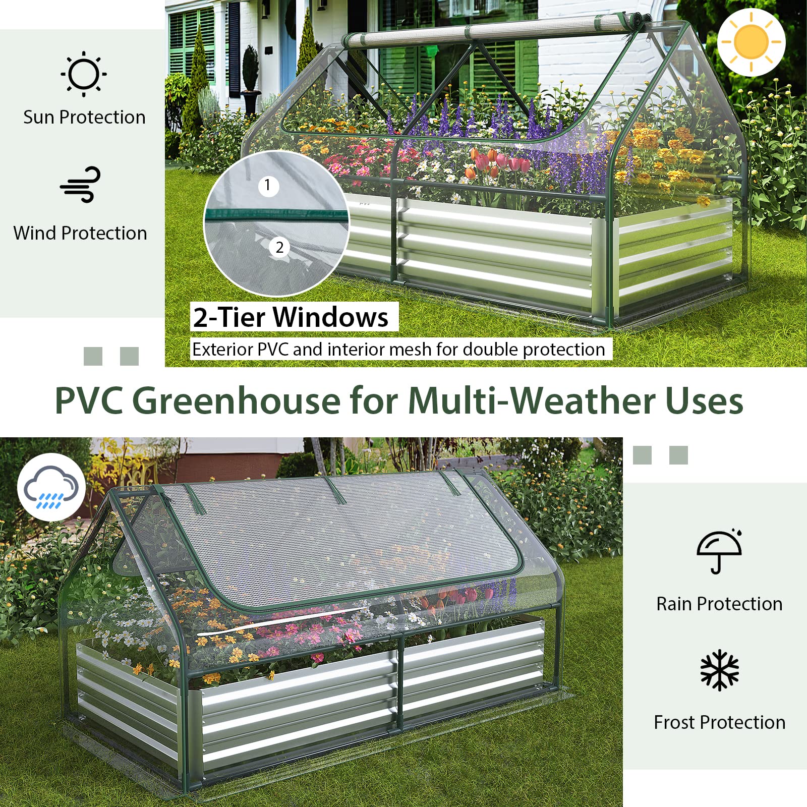 6FT x 3FT x 3FT Galvanized Bottomless Raised Garden Bed with Greenhouse, Dual 2-Tier Roll-Up Windows, Easy Venting & Watering