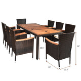 9 Pcs Rattan Patio Dining Set with Acacia Wood Tabletop & Cushioned Stackable Armchairs