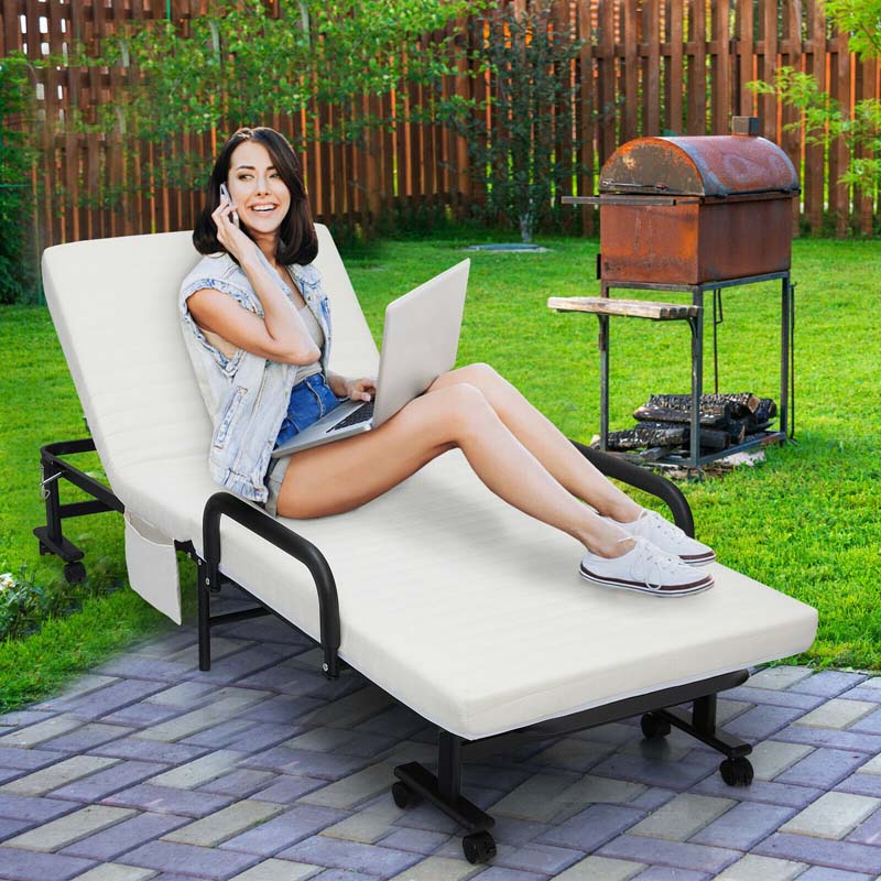 Folding Rollaway Bed with Mattress for Adult, Portable Guest Bed Frame with Adjustable 6 Position & Side Storage Pocket