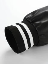 Men’s Leather Motorcycle Jacket – Color Block Stand Collar Baseball Coat