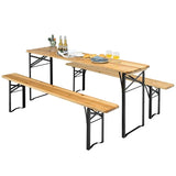 3 Pcs Folding Picnic Table Bench Set, 70" Portable Beer Table with Seating Set, Wooden Top Outdoor Dining Table Set