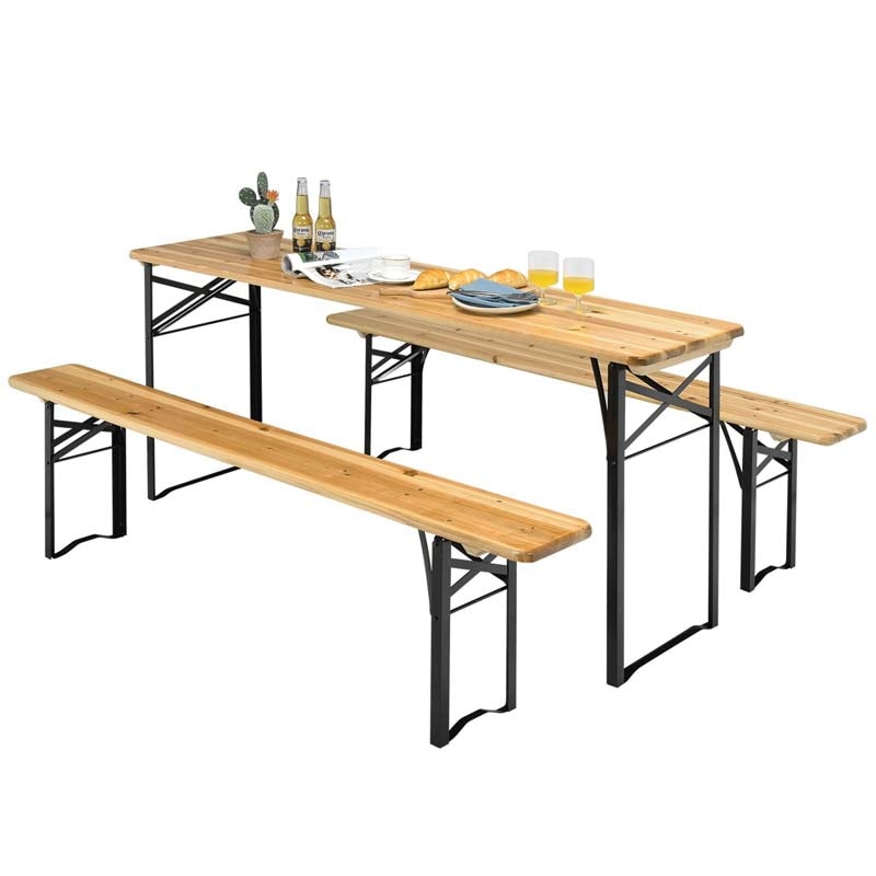 3 Pcs Folding Picnic Table Bench Set, 70" Portable Beer Table with Seating Set, Wooden Top Outdoor Dining Table Set
