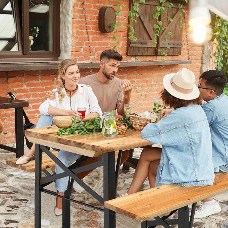 3 Pcs Folding Picnic Table Bench Set, 70" Portable Beer Table with Seating Set, Wooden Top Outdoor Dining Table Set