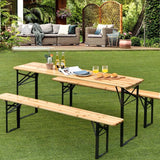 3 Pcs Folding Picnic Table Bench Set, 70" Portable Beer Table with Seating Set, Wooden Top Outdoor Dining Table Set