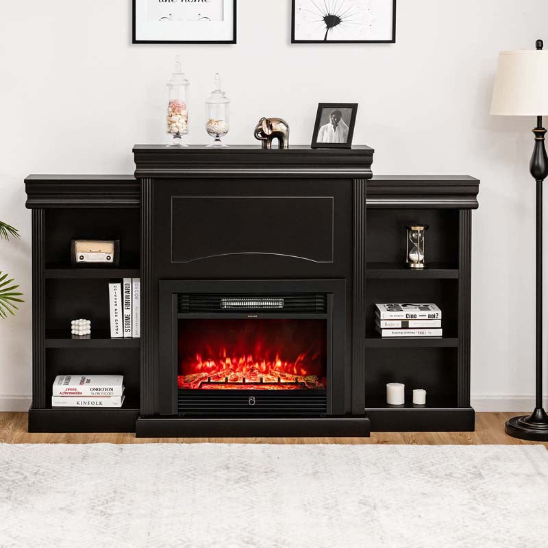 70" Mantel Fireplace TV Stand with 28.5" 750W/1500W Electric Fireplace Insert, Modern Media Fireplace Cabinet Built-in 6 Storage Shelves