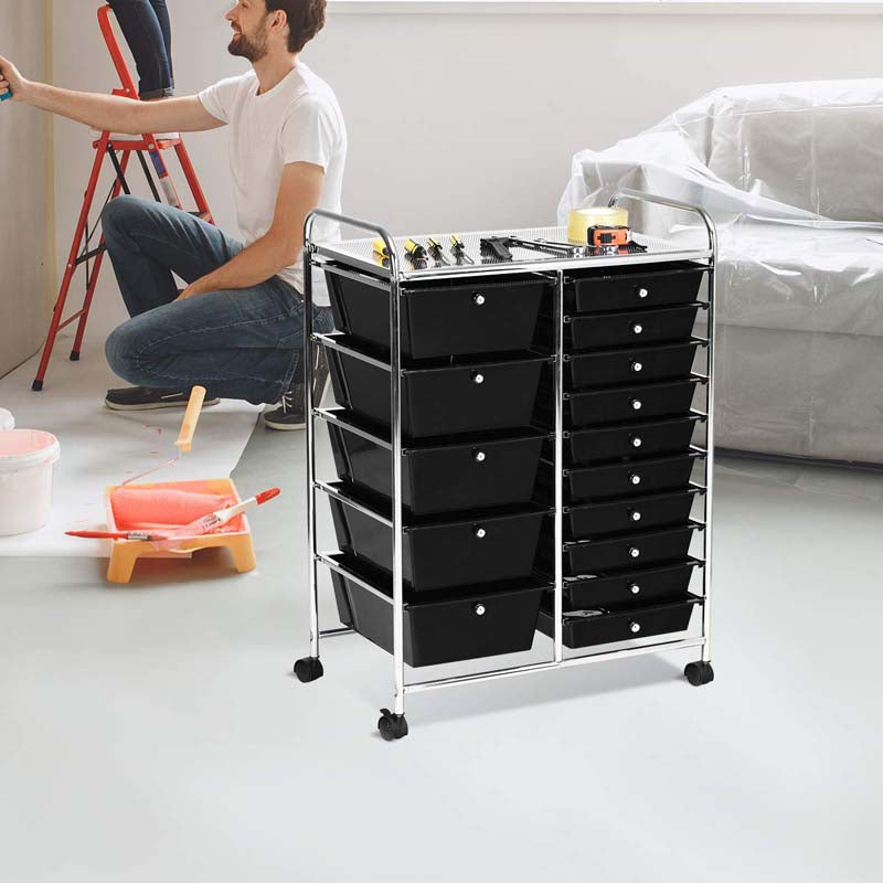 15-Drawer Storage Drawer Cart Tools Scrapbook Paper Organizer Cart Office School Utility Cart Rolling Storage Cart with Wheels
