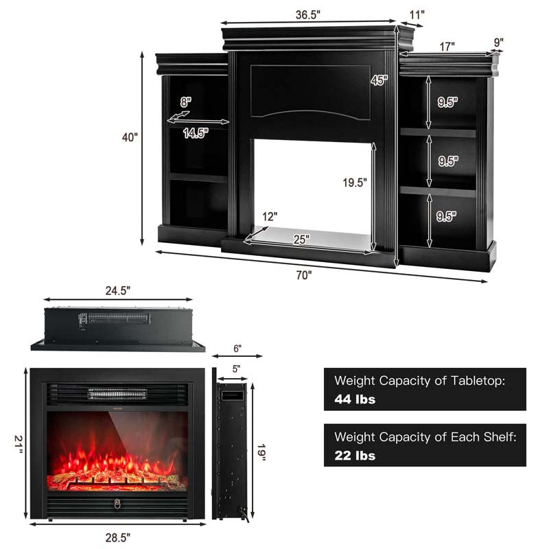 70" Mantel Fireplace TV Stand with 28.5" 750W/1500W Electric Fireplace Insert, Modern Media Fireplace Cabinet Built-in 6 Storage Shelves