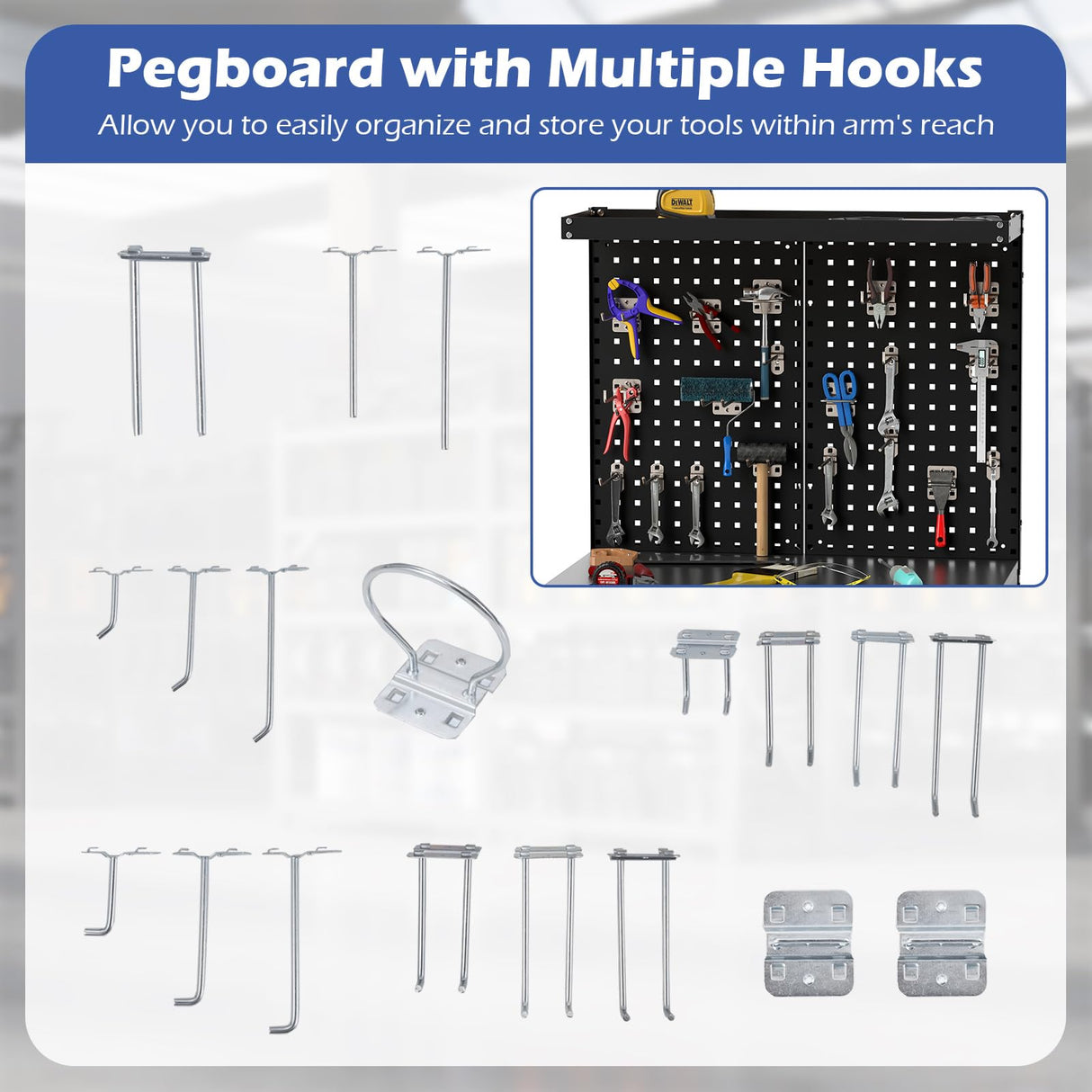 32" x 16" Workbench with Pegboard, 495 LBS Work Table with Drawer, Open Shelves, Heavy Duty Work Bench Workstation for Garage Workshop Warehouse