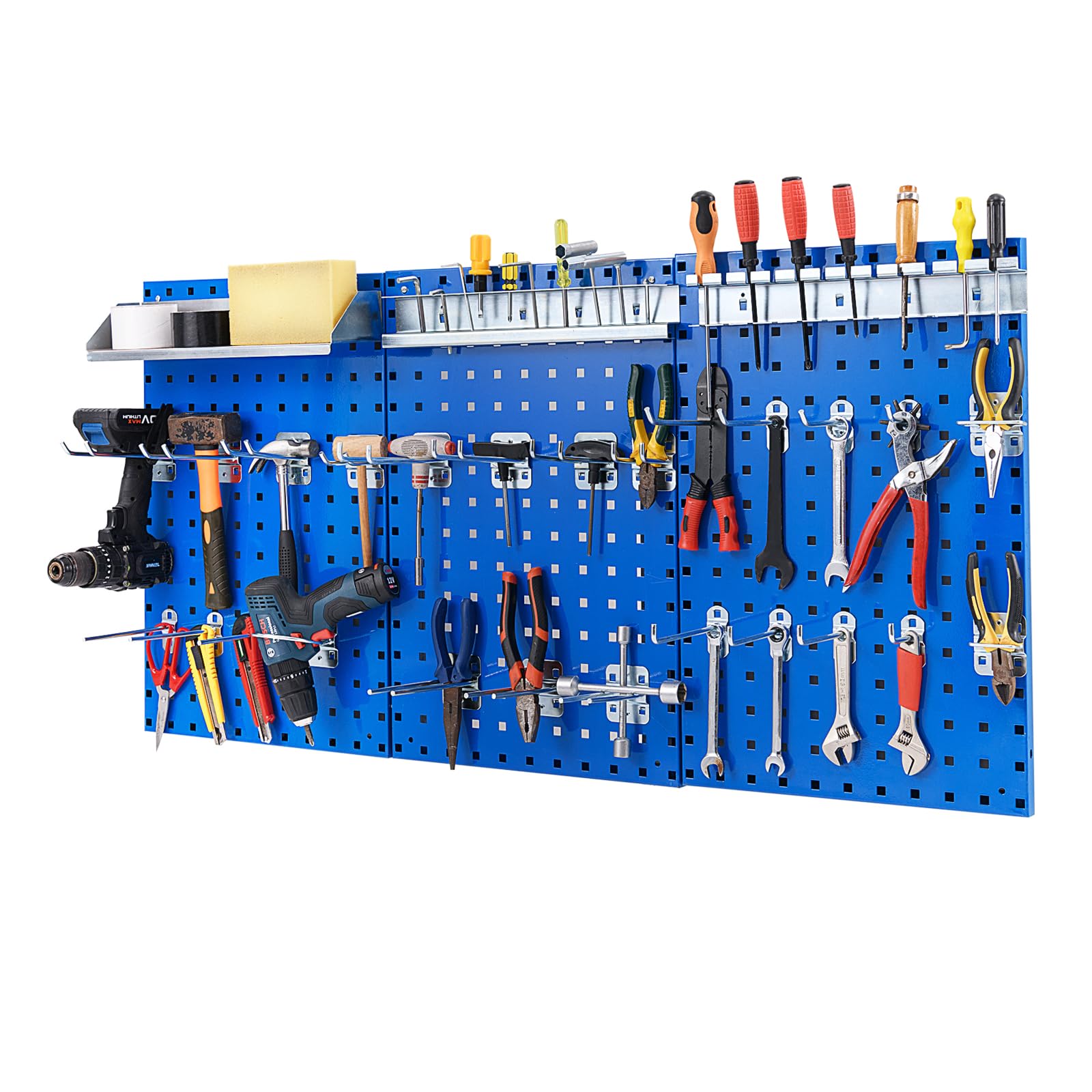 3 Pcs Metal Pegboard Panels w/25 Hooks, Storage Platform & Square Hole, Heavy Duty Pegboard Wall Organizer, Peg Board for Workshop Tool Storage