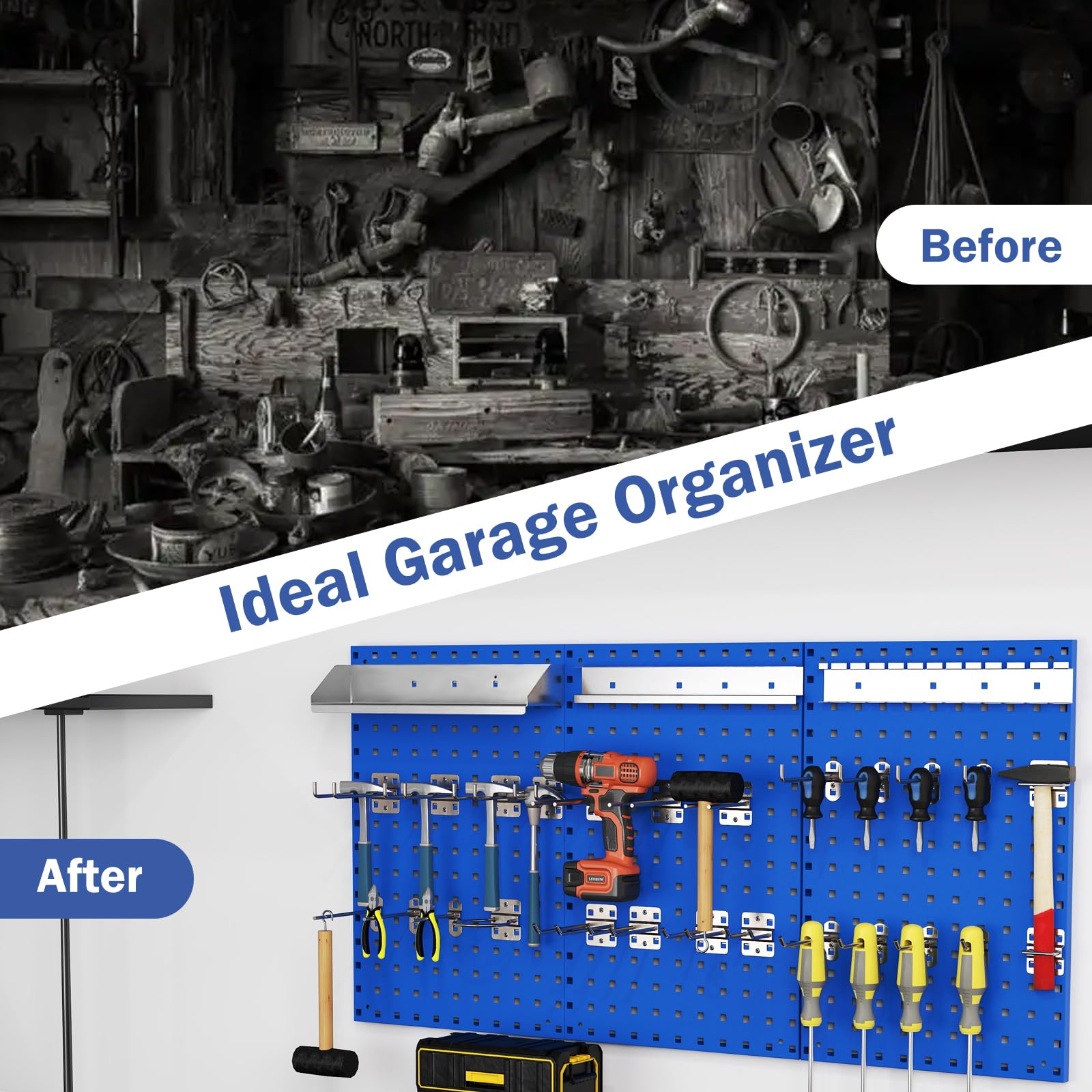 3 Pcs Metal Pegboard Panels w/25 Hooks, Storage Platform & Square Hole, Heavy Duty Pegboard Wall Organizer, Peg Board for Workshop Tool Storage