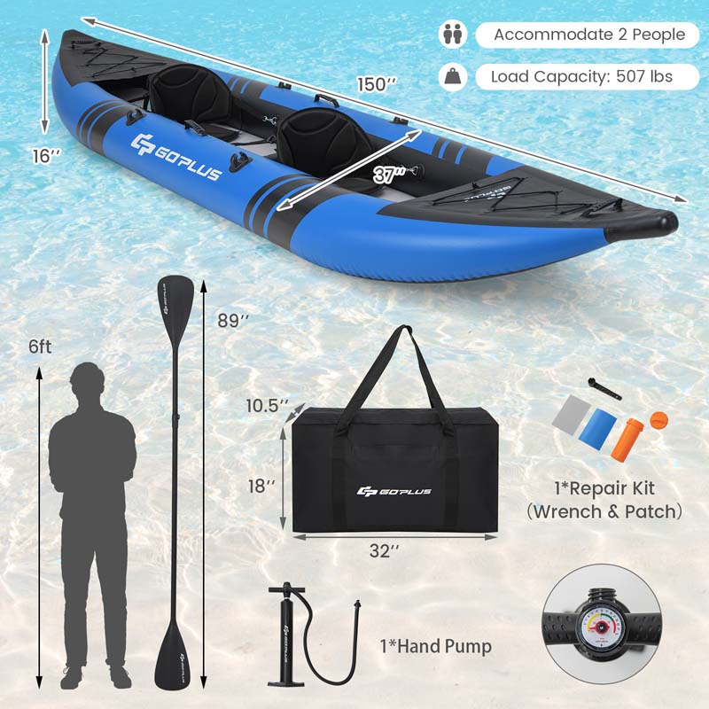 2-Person Inflatable Kayak Set with 2 Aluminium Oars & Repair Kit, 12.5Ft 507lbs Portable Fishing Touring Kayaks for Adults