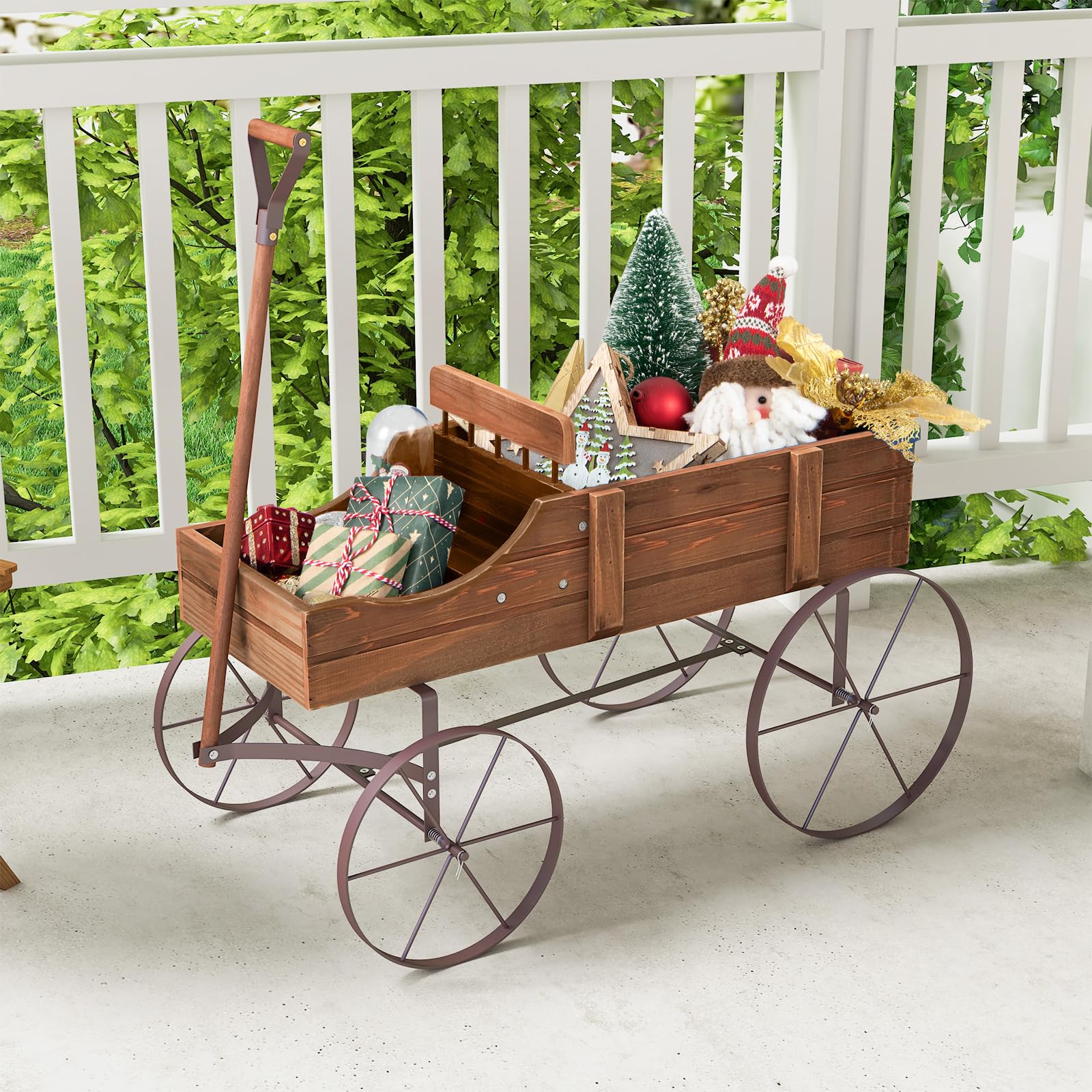 24.5" x 13.5" x 24" Wooden Wagon Planter, Decorative Garden Planter with 2 Planting Sections, Wheels, Handle, Small Decorated Cart