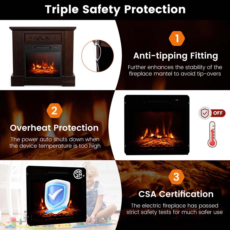 32" Solid Electric Fireplace with Mantel, 1400W Freestanding Mantel Fireplace Heater with Remote Control, Thermostat, 6H Timer