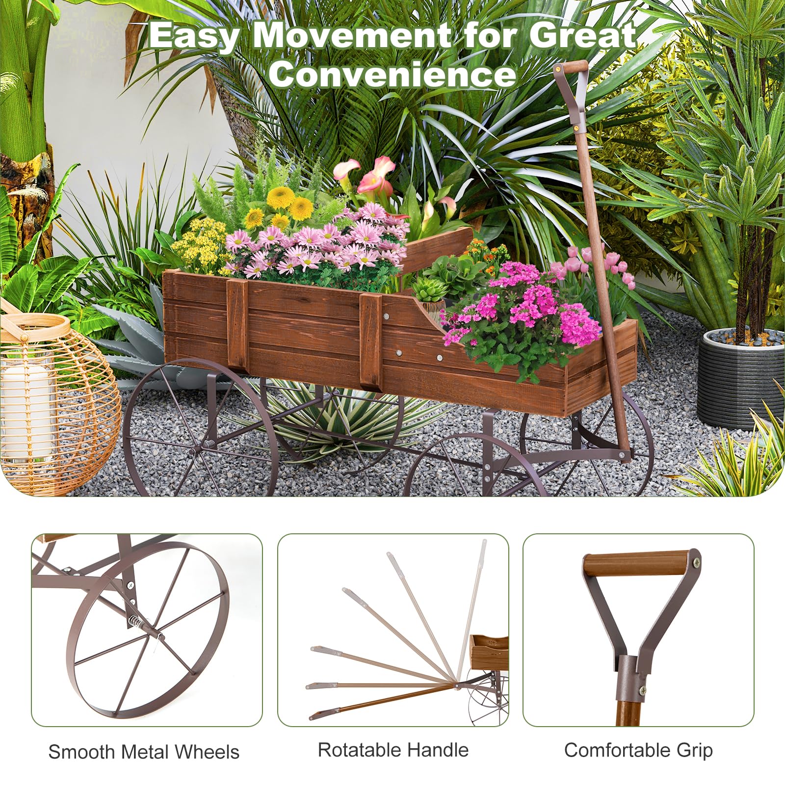 24.5" x 13.5" x 24" Wooden Wagon Planter, Decorative Garden Planter with 2 Planting Sections, Wheels, Handle, Small Decorated Cart
