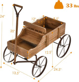 24.5" x 13.5" x 24" Wooden Wagon Planter, Decorative Garden Planter with 2 Planting Sections, Wheels, Handle, Small Decorated Cart