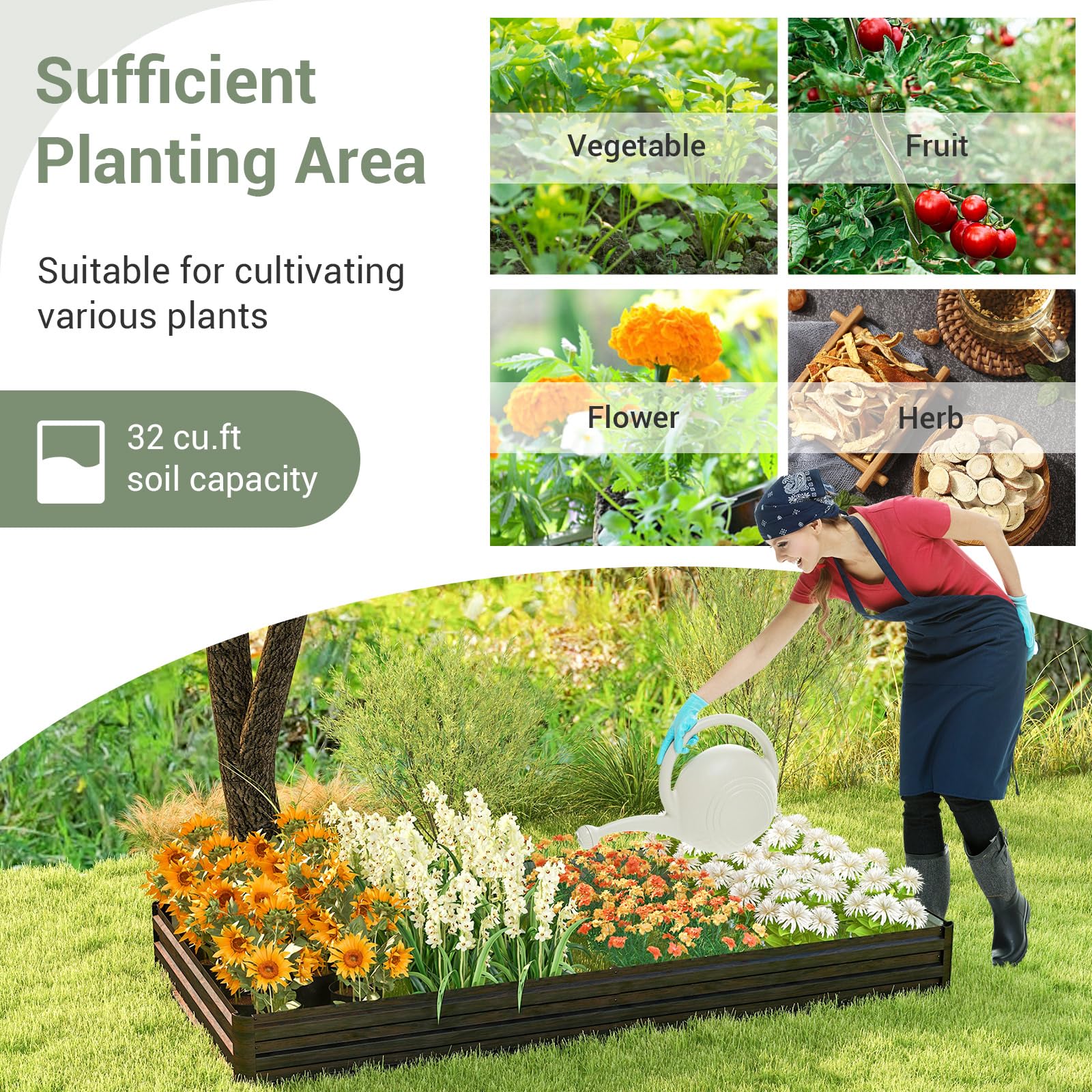 8 x 4 x 1 FT Metal Raised Garden Bed with Open-Ended Base, Large Outdoor Metal Planter Box for Vegetable Fruit Herb Flower