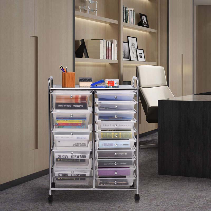 15-Drawer Storage Drawer Cart Tools Scrapbook Paper Organizer Cart Office School Utility Cart Rolling Storage Cart with Wheels