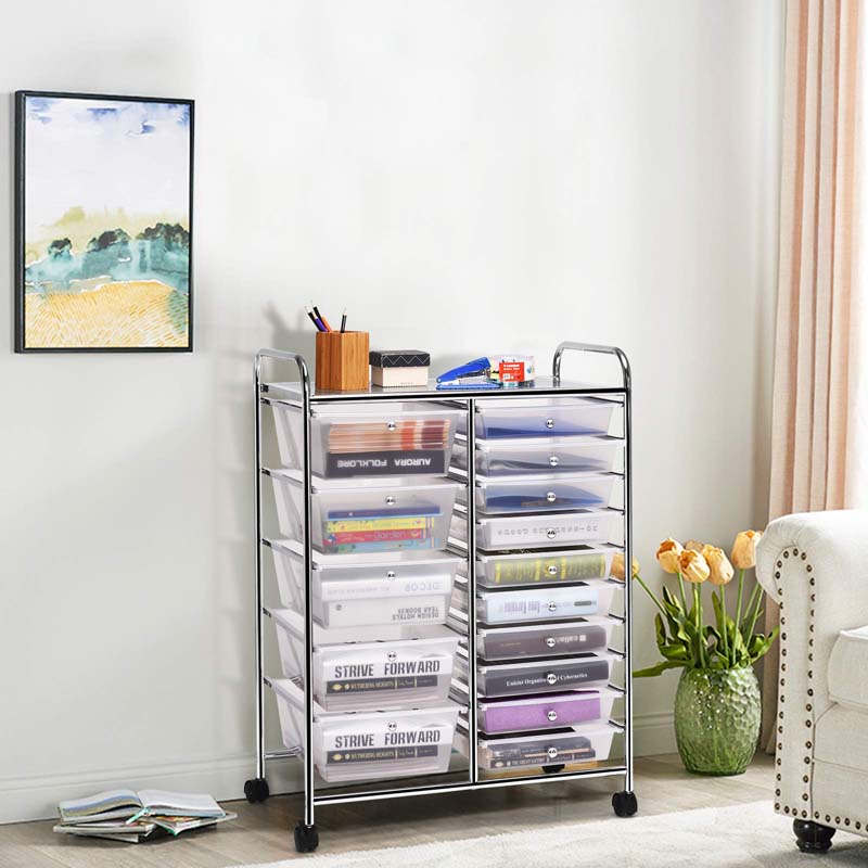15-Drawer Storage Drawer Cart Tools Scrapbook Paper Organizer Cart Office School Utility Cart Rolling Storage Cart with Wheels