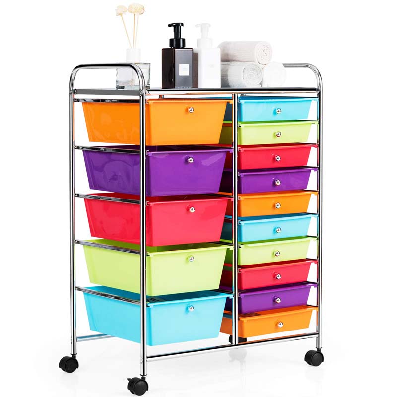 15-Drawer Storage Drawer Cart Tools Scrapbook Paper Organizer Cart Office School Utility Cart Rolling Storage Cart with Wheels