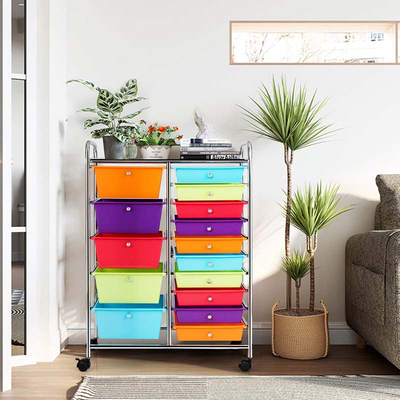 15-Drawer Storage Drawer Cart Tools Scrapbook Paper Organizer Cart Office School Utility Cart Rolling Storage Cart with Wheels