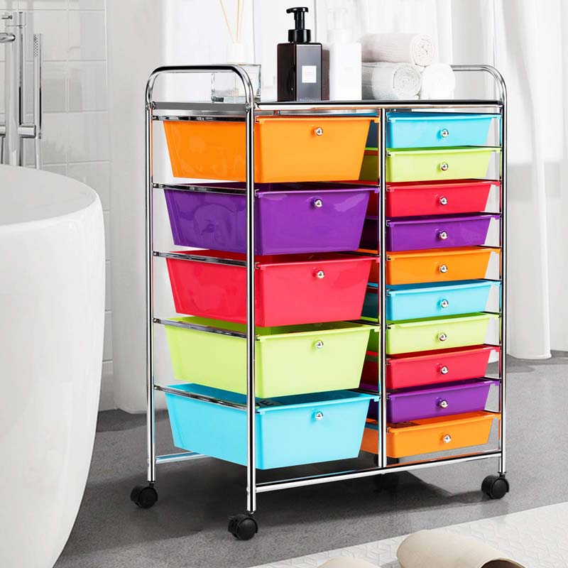 15-Drawer Storage Drawer Cart Tools Scrapbook Paper Organizer Cart Office School Utility Cart Rolling Storage Cart with Wheels