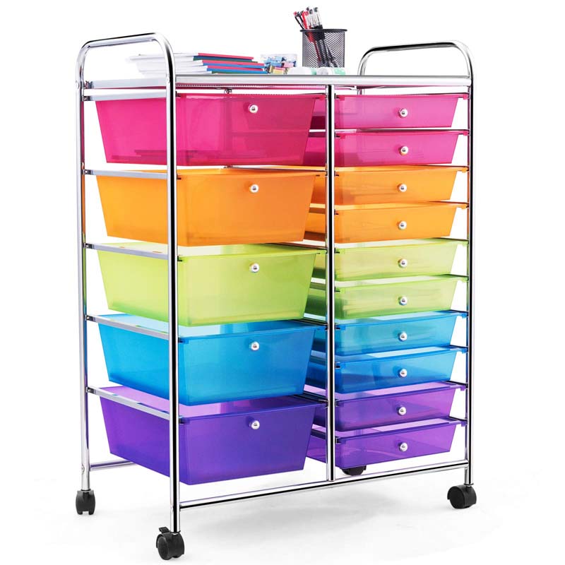 15-Drawer Storage Drawer Cart Tools Scrapbook Paper Organizer Cart Office School Utility Cart Rolling Storage Cart with Wheels