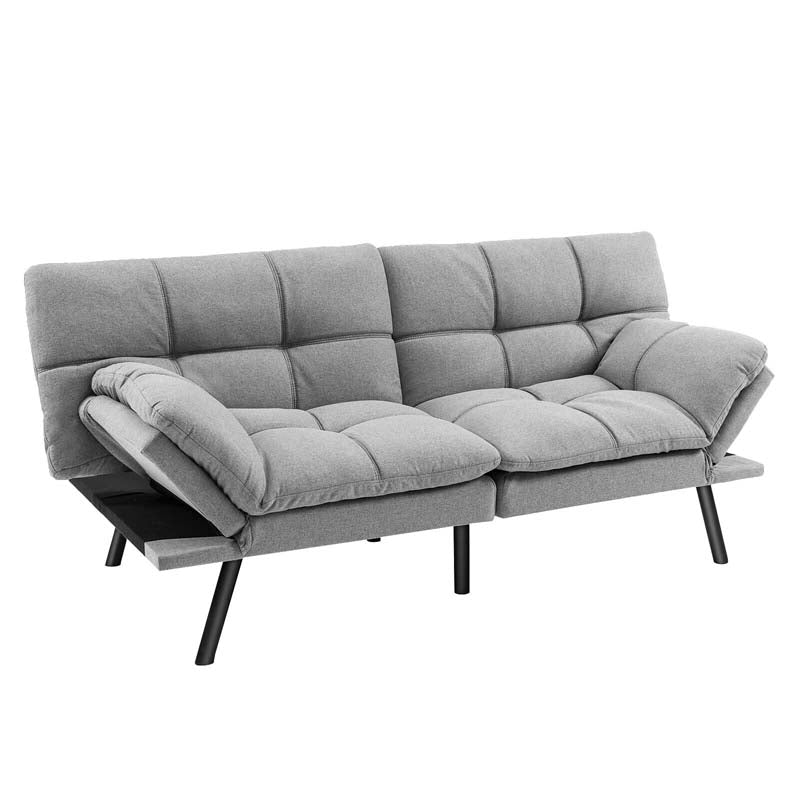 Modern Futon Sofa Bed, Linen Fabric Memory Foam Convertible Futon Couch with Adjustable Backrest & Armrests, Metal Legs