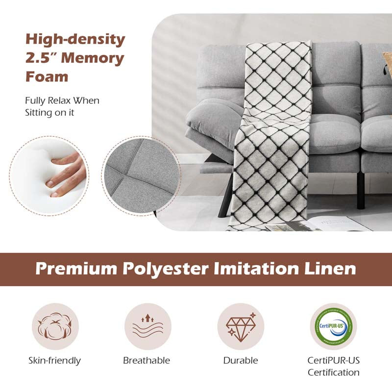 Modern Futon Sofa Bed, Linen Fabric Memory Foam Convertible Futon Couch with Adjustable Backrest & Armrests, Metal Legs