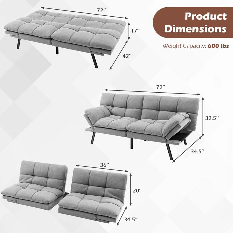 Modern Futon Sofa Bed, Linen Fabric Memory Foam Convertible Futon Couch with Adjustable Backrest & Armrests, Metal Legs