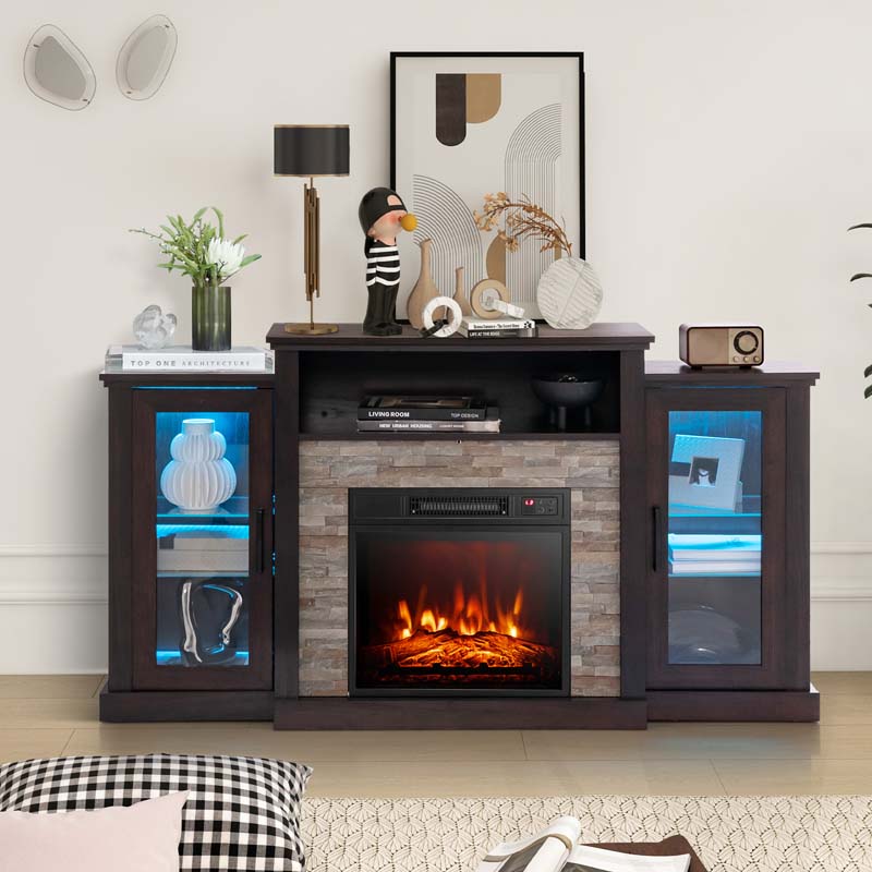 Fireplace TV Stand with 16 Color LED Lights for TVs up to 65", TV Console Entertainment Center with 18" Electric Fireplace Insert