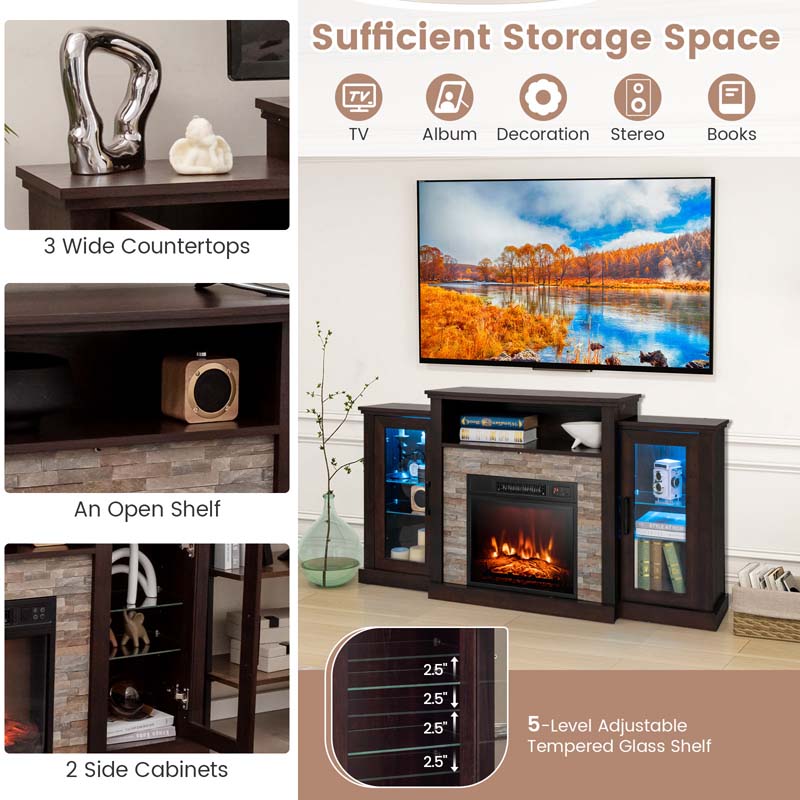 Fireplace TV Stand with 16 Color LED Lights for TVs up to 65", TV Console Entertainment Center with 18" Electric Fireplace Insert