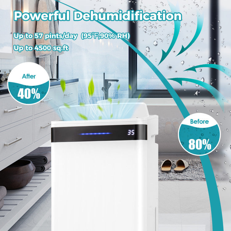 57 Pint Dehumidifier for Home & Basement, 4500 Sq. Ft Portable Dehumidifier with 12" Auto Drain Hose, 3-Color Indicator & Dry Clothes Mode