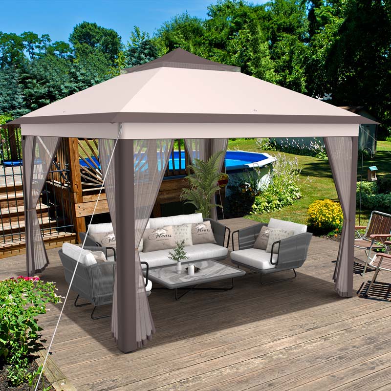 11 x 11 FT 2-Tier Pop-Up Gazebo Tent Portable Outdoor Canopy Shelter with Netting & Carry Bag