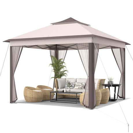 11 x 11 FT 2-Tier Pop-Up Gazebo Tent Portable Outdoor Canopy Shelter with Netting & Carry Bag
