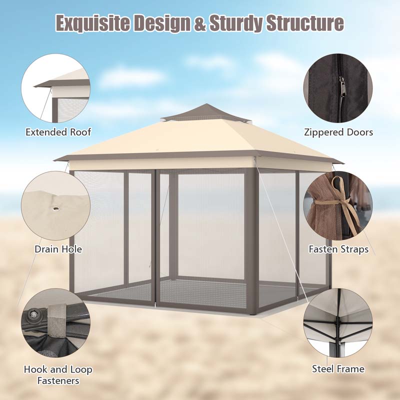 11 x 11 FT 2-Tier Pop-Up Gazebo Tent Portable Outdoor Canopy Shelter with Netting & Carry Bag