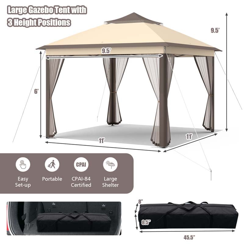 11 x 11 FT 2-Tier Pop-Up Gazebo Tent Portable Outdoor Canopy Shelter with Netting & Carry Bag