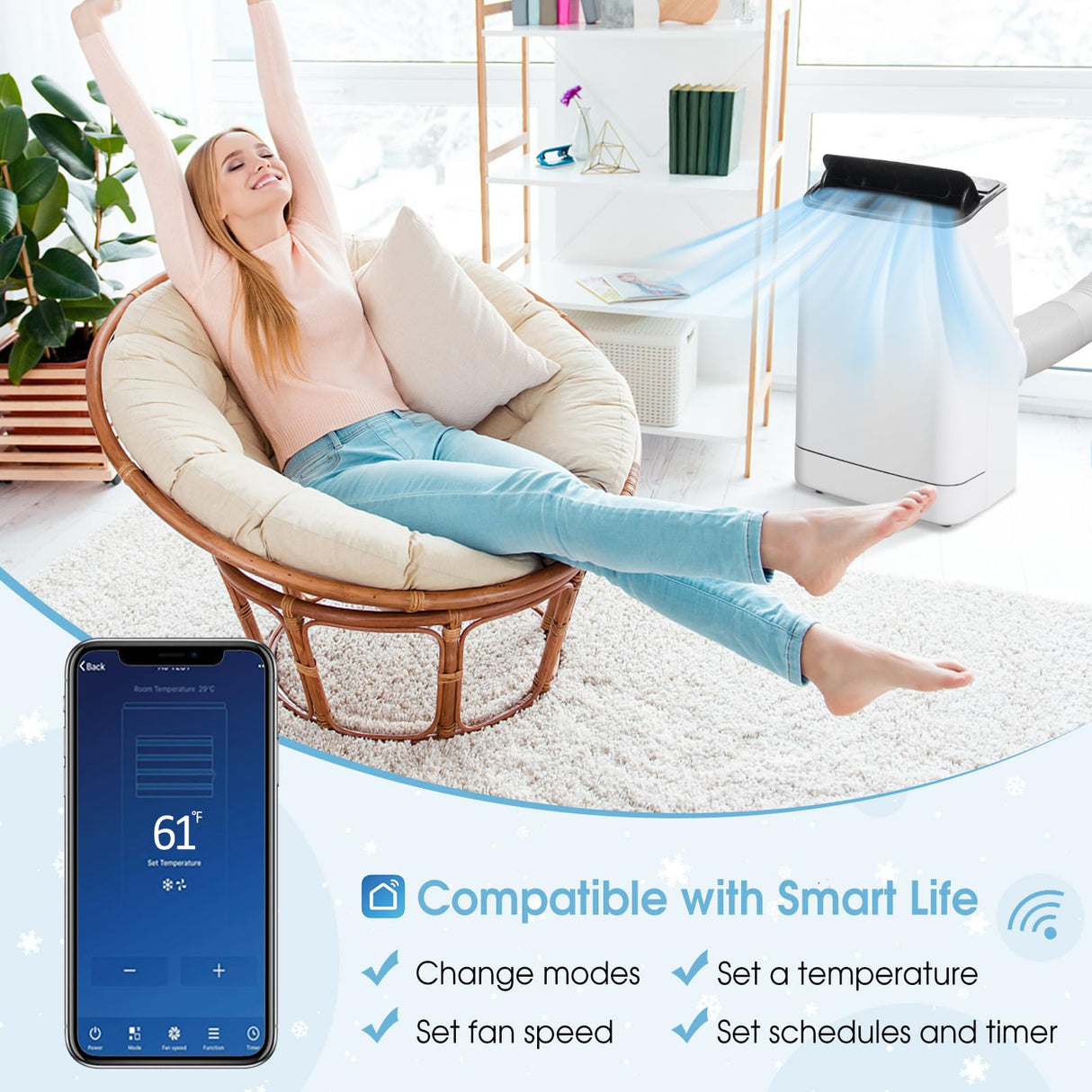 15000 BTU 4-in-1 Portable Air Conditioner with Heat, Auto Swing, Dehumidifier, Remote/APP Control & Window Kit