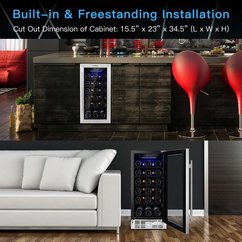 15" 2-in-1 Wine Beverage Cooler Refrigerator Wine Cellar Built-in or Freestanding 30-Bottle Wine Fridge