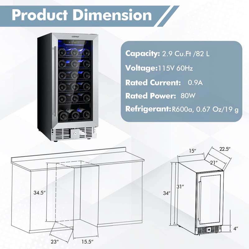 15" 2-in-1 Wine Beverage Cooler Refrigerator Wine Cellar Built-in or Freestanding 30-Bottle Wine Fridge