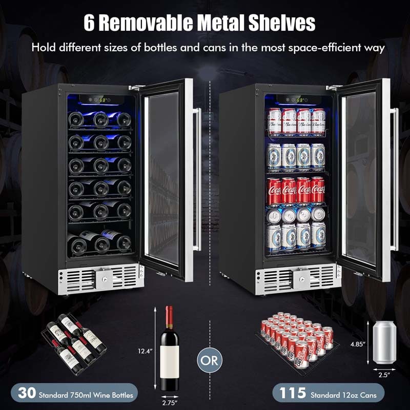 15" 2-in-1 Wine Beverage Cooler Refrigerator Wine Cellar Built-in or Freestanding 30-Bottle Wine Fridge