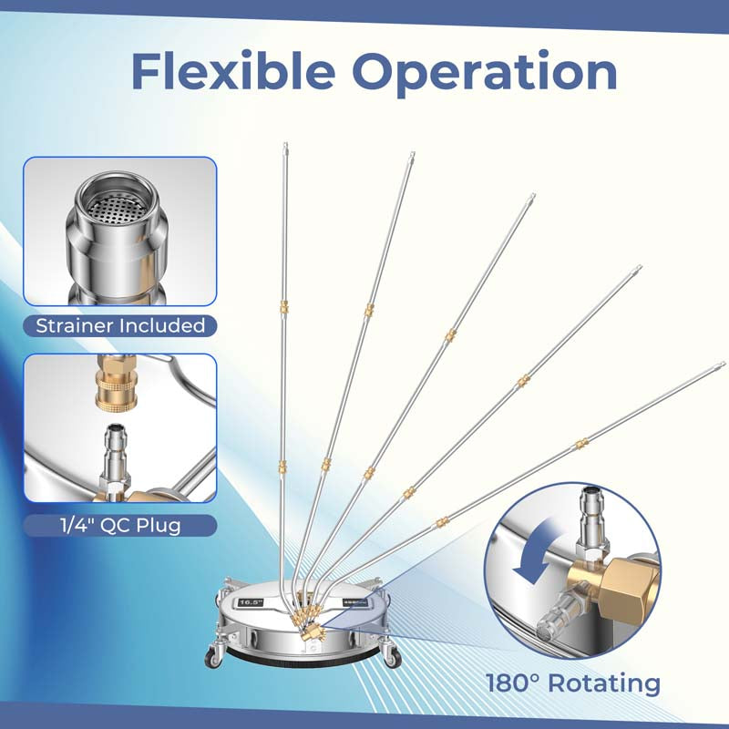 16.5" 2-in-1 Pressure Washer Surface Cleaner w/Casters, 4000 PSI Stainless Steel Undercarriage Pressure Washer Attachment