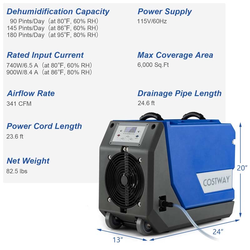 180 PPD Portable Commercial Dehumidifier for Basement, Industrial Dehumidifier with Pump & 24.6ft Drain Hose