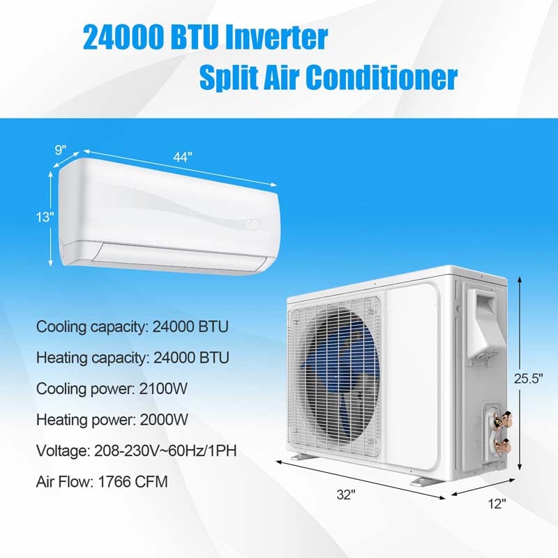 24000 BTU Ductless Mini Split Air Conditioner 208-230V 18.5 SEER2 Wall-Mounted Inverter AC Unit with Heat Pump