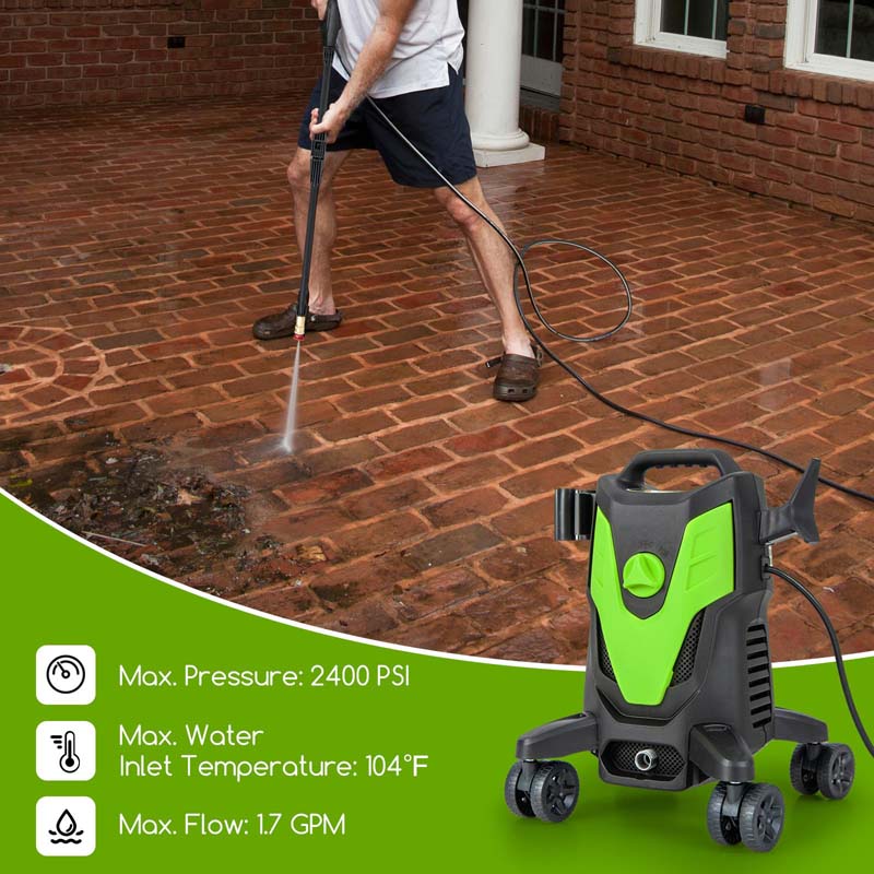 2400 PSI 1.7 GPM Portable Electric High-Pressure Power Washer w/4 Quick Nozzles & Universal Wheels, IPX5 Floor Car Wash Cleaning Machine