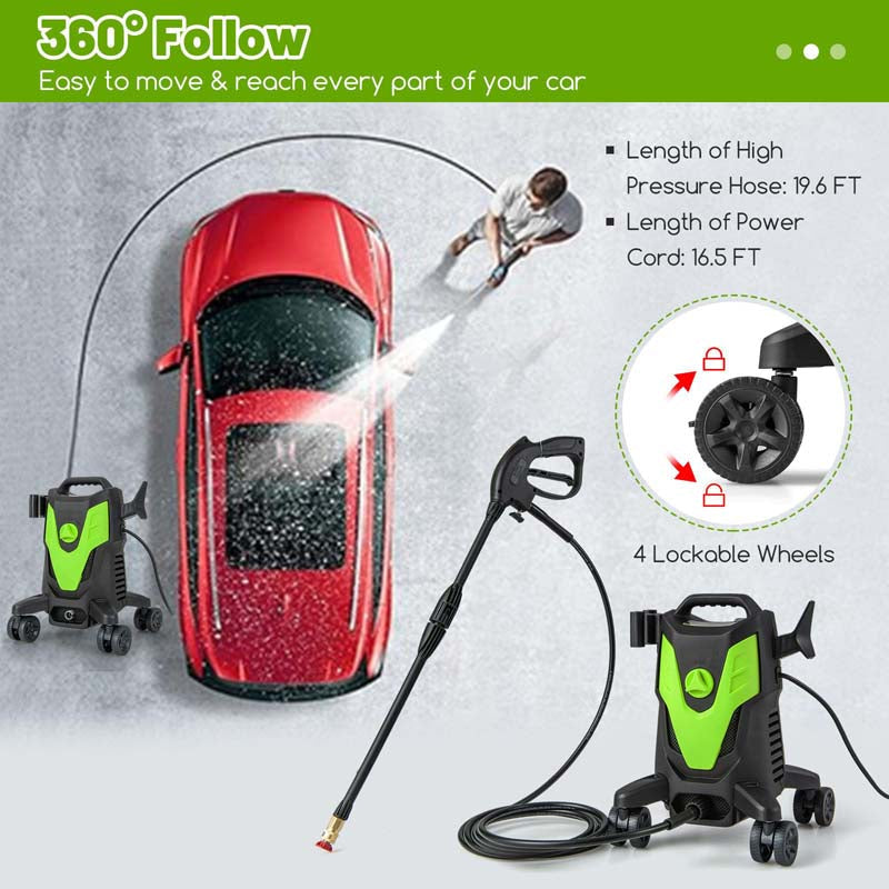 2400 PSI 1.7 GPM Portable Electric High-Pressure Power Washer w/4 Quick Nozzles & Universal Wheels, IPX5 Floor Car Wash Cleaning Machine