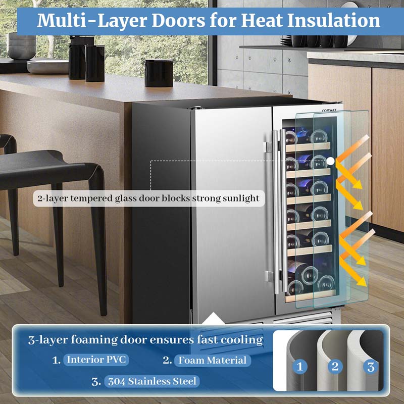 24" Dual Zone Under Counter Wine Beverage Refrigerator Cooler w/Lock, Built-in & Freestanding Wine Fridge Holds 19 Bottles & 57 Cans