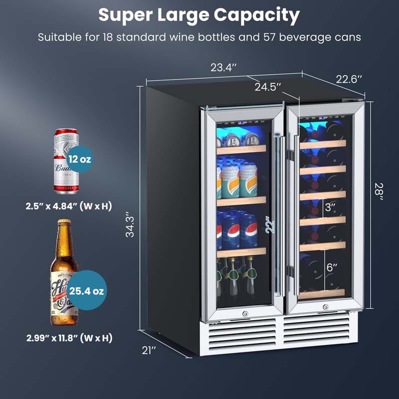 24" Large Dual Zone Wine Beverage Cooler Refrigerator Built-In & Freestanding Beer Fridge Wine Cellar