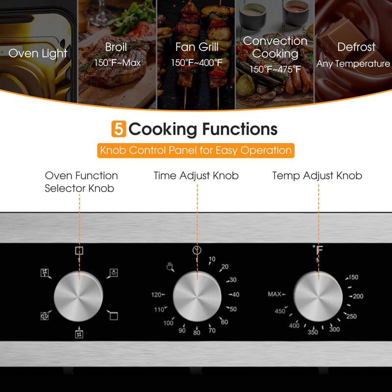 24" Single Wall Oven 2.47 Cu. Ft. 2300W Electric Built-in Oven with 5 Cooking Modes, Mechanical Knobs