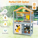 3-in-1 Double-Sided Kids Mud Kitchen, Indoor Outdoor Play Kitchen BBQ Grill & Grocery Playset with Sink, Faucet, Blackboard, Storage Bag & Baskets